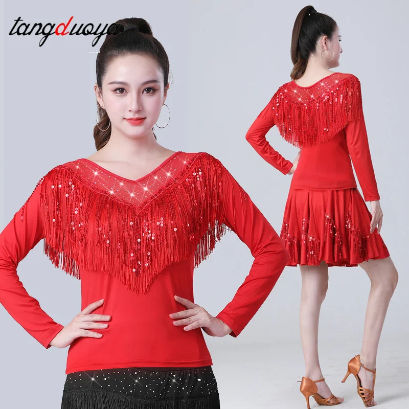 

Топ для современных танцев с бахромой, женская новая одежда для квадратных танцев, вечерние платья, национальный стандарт, бальные танцы, рубашка с длинным рукавом для латиноамериканских танцев