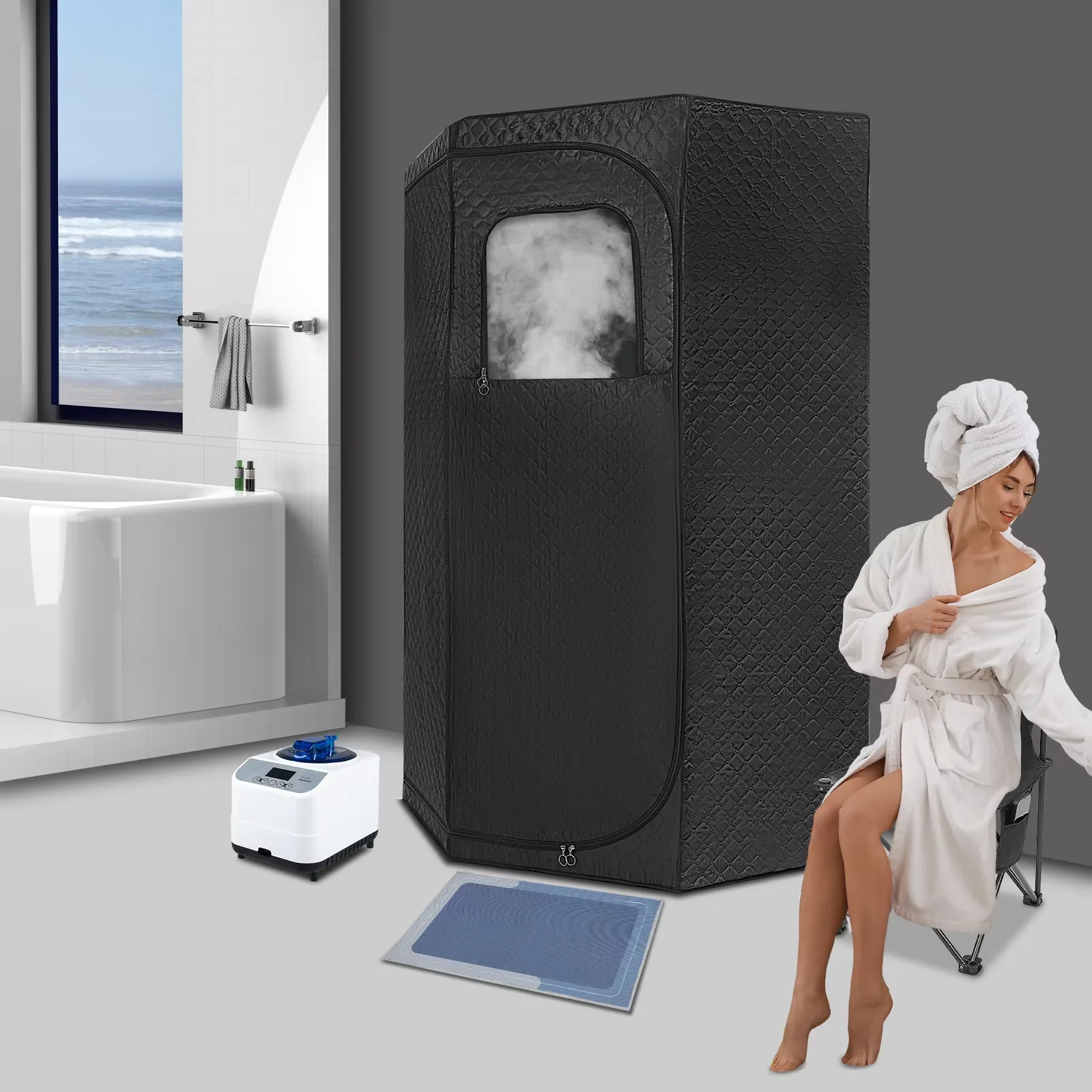 

1350W Portable Steam Sauna Box,Indoor Personal Home Spa Sauna Kit,Detox & Relaxation Steam Room, 3L Steamer,w/ Foldable Chair