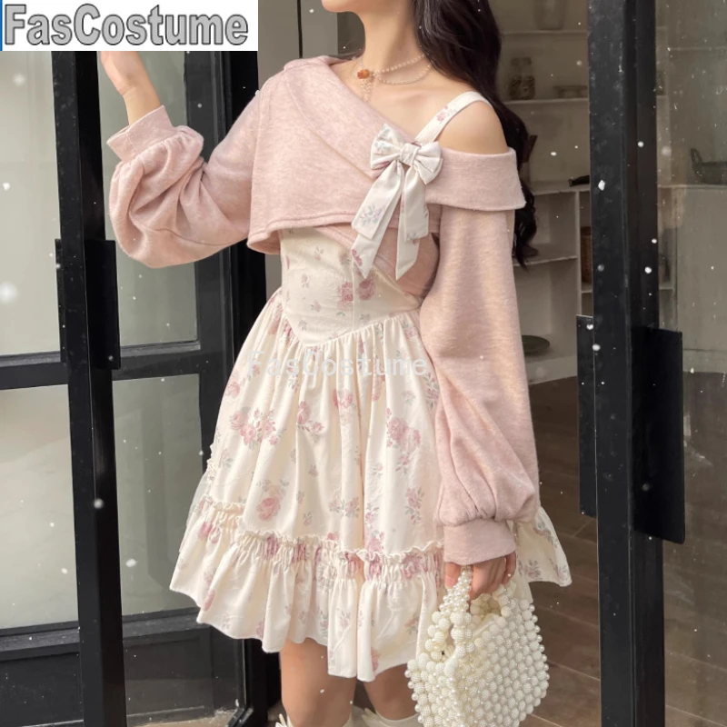 

Sweet Lolita Style 2 Piece Dress Set Women Pink Bow Knitted Coat Kawaii Floral Mini Dress Female Korean Fashion Beach Party Suit