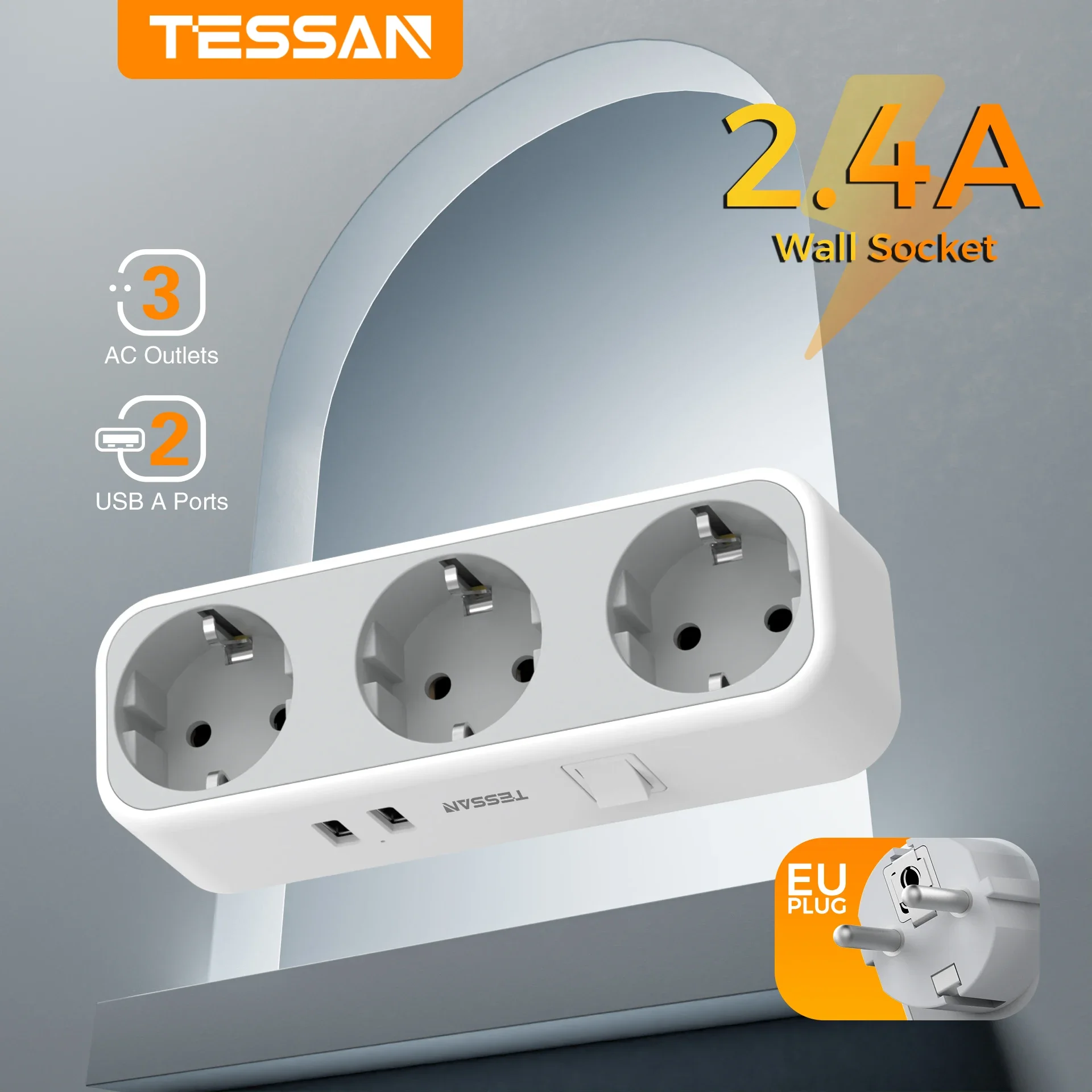 TESSAN EU Plug Power Strip with 3 AC Outlets and 2 USB Charging Ports, Multiple Wall Socket Adapter with Switch for Home Office