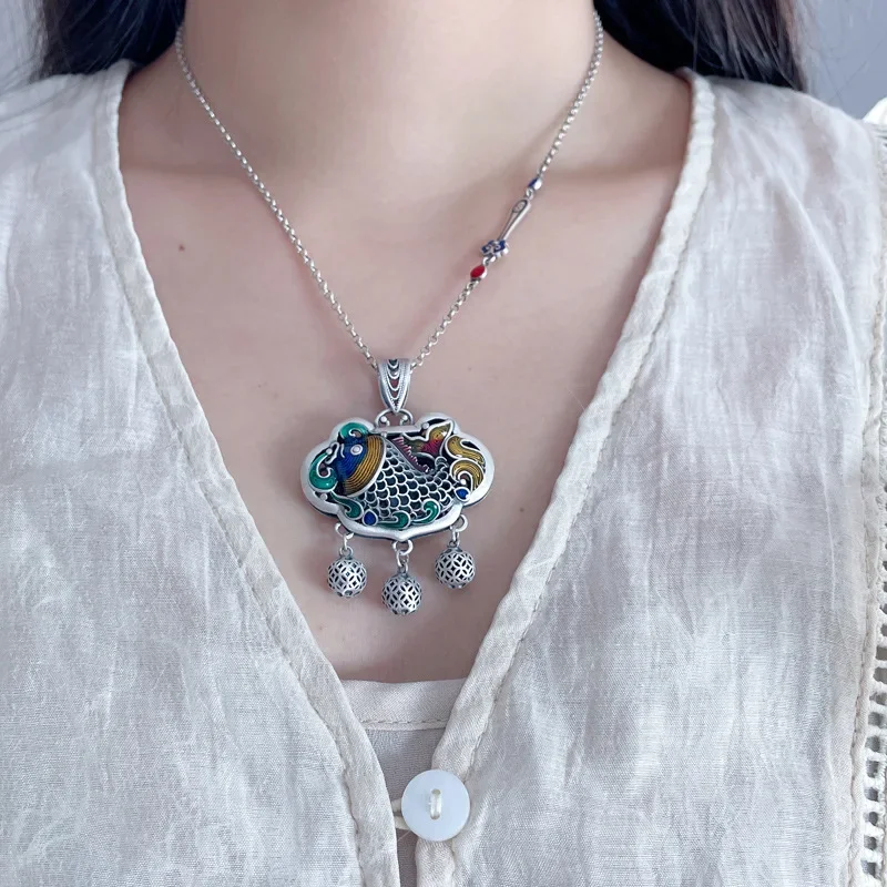 New in Classic 925 Silver Carp Fish Lotus Tassel Necklace for Women Ethnic Style Blue Lotus Double Sided Pendant Jewelry Gift