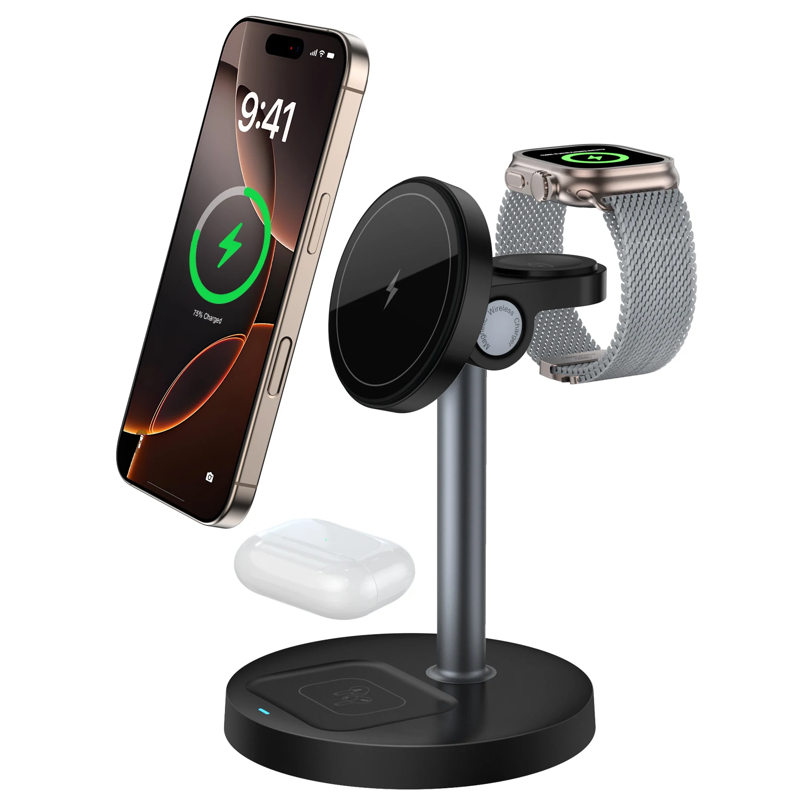 15 W schneller kabelloser Ladeständer, 3-in-1 magnetisches kabelloses Ladegerät für iPhone 12–16-Serie, iWatch und AirPods, einstellbarer Winkel