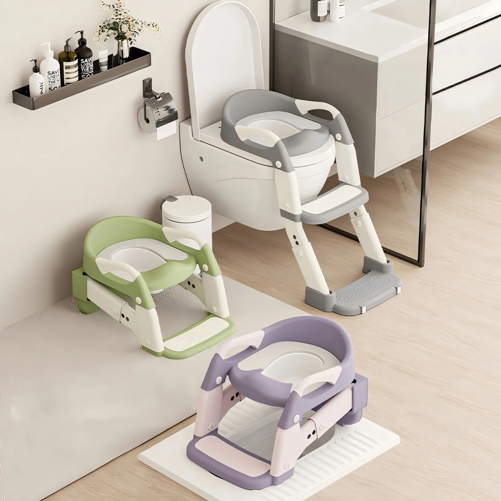 2‑in‑1 Toddler Toilet Seat with Ladder, Adjustable Potty Training Seat, Foldable Non‑Slip Steps & Anti‑Slip Pads, Kids Toilet Trainer for Boys Girls B