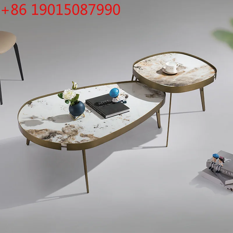 Modern Sleek Marble Stone Slate Nesting Set Of 2 Round Oval Tea & Coffee Tables With Metal Legs Frame For Home Use