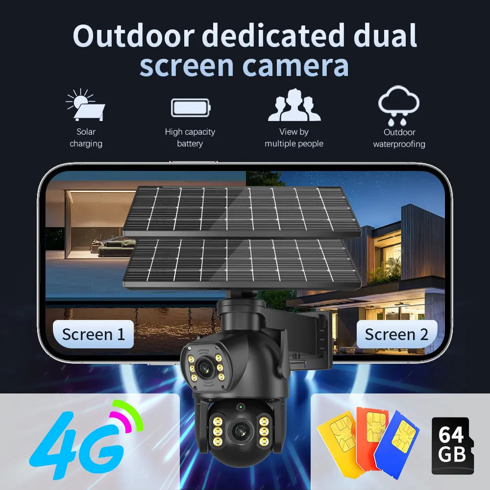 8MP 4K PTZ Solar Outdoor Camera 4G SIM Card Dual Lens Dual Screen Camera PIR Human Body Sensing Built-In Battery Life Safety