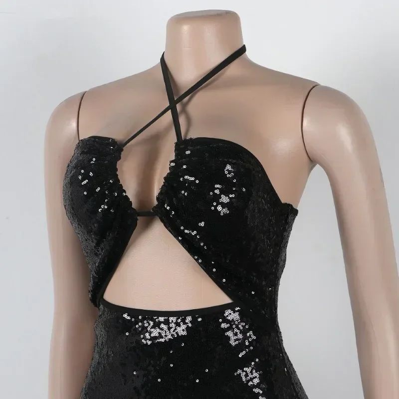 GUWU Sexy Ausschnitt mit Pailletten, ärmellos, Neckholder, Geburtstag, Abend, Partykleid, aushöhlen, rückenfrei, Clubwear, lange Maxikleider
