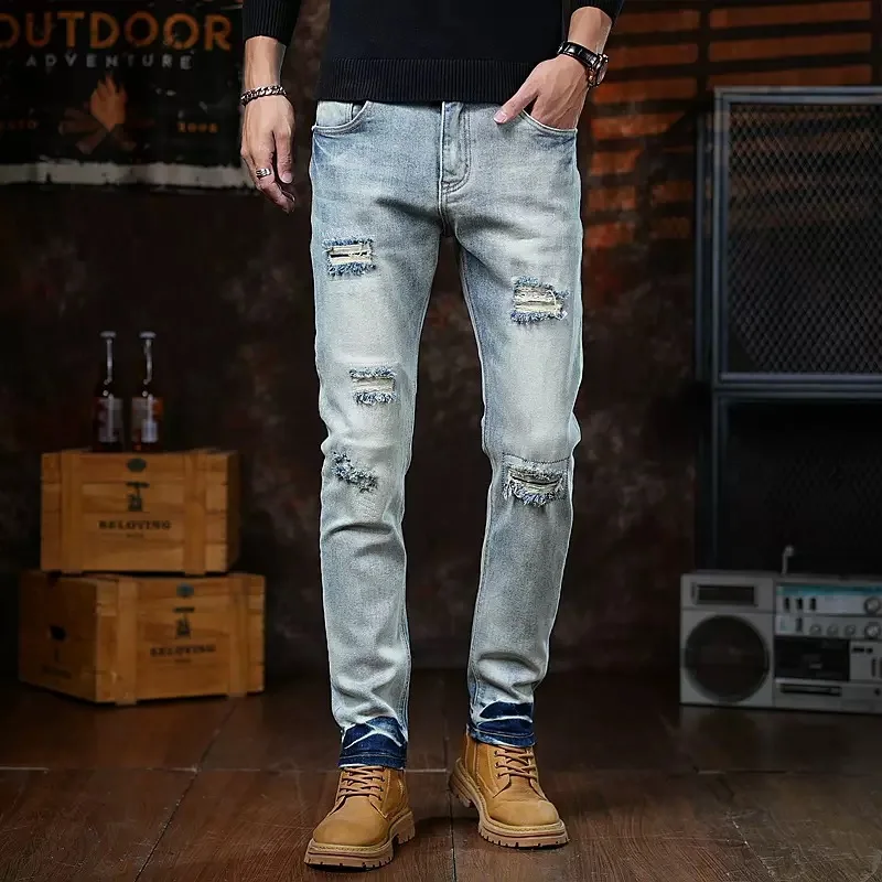 

New Spring/Autumn Fashion Solid Color Straight Leg Ripped Stretch Denim Pants Men's Casual Loose Fit Sports High Quality Jeans