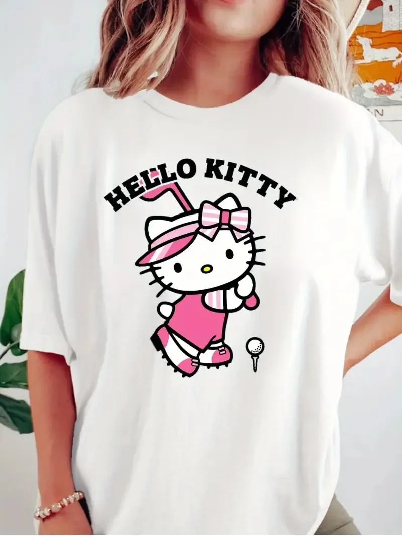 

Hello Kitty Golf Themed Cotton Tee Charming Cartoon Character Playing Golf Brand Streetwear Print New Arrival Tee S-4XL
