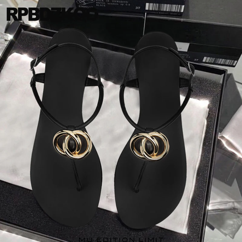 Ladies Summer Girls Embellished Thong Slingback Designer Shoes Women Luxury 2023 Black Flat T Strap Sandals Famous Brand Metal