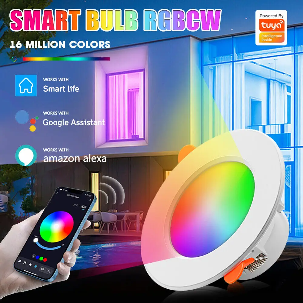 ไฟดาวน์ไลท์ LED RGB CCT Tuya AC85-265V ดาวน์ไลท์แอป10W ไฟติดเพดานอัจฉริยะปิดไฟเป็นแผงไฟกลมสปอตไลท์ไฟ LED ห้องรับประทานอาหาร