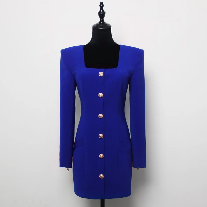 Fall New Fashion Solid Color Square Collar Single Row Golden Buttons Long Sleeve Slim Zipper Pocket Short Woman Dress