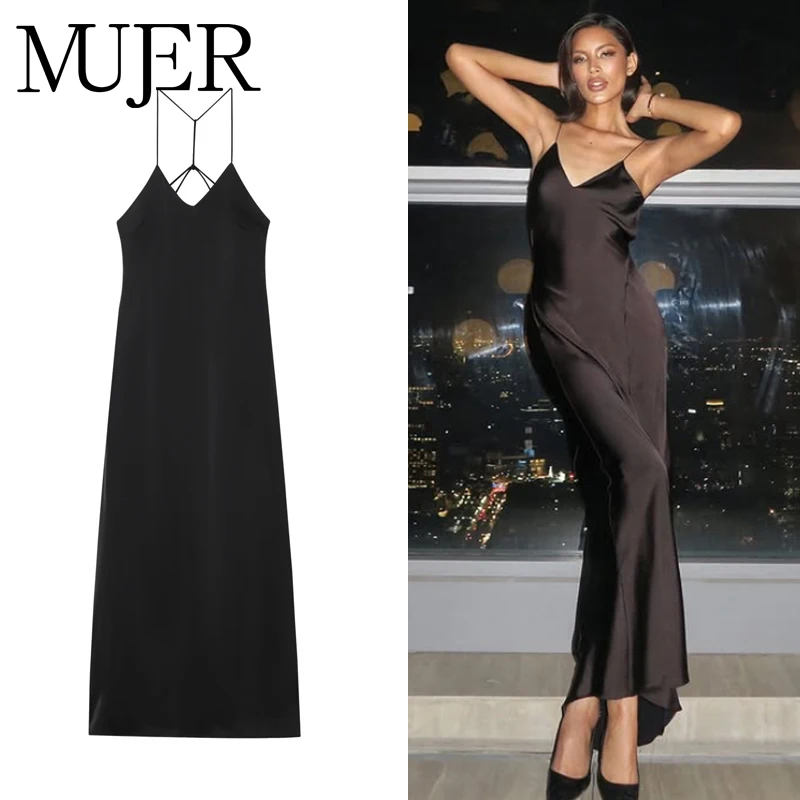 MUJER Black Slip Midi Dress Woman Satin Backless Long Dresses for Women Sexy Evening Women's Summer Dresses Straps Night Dresses