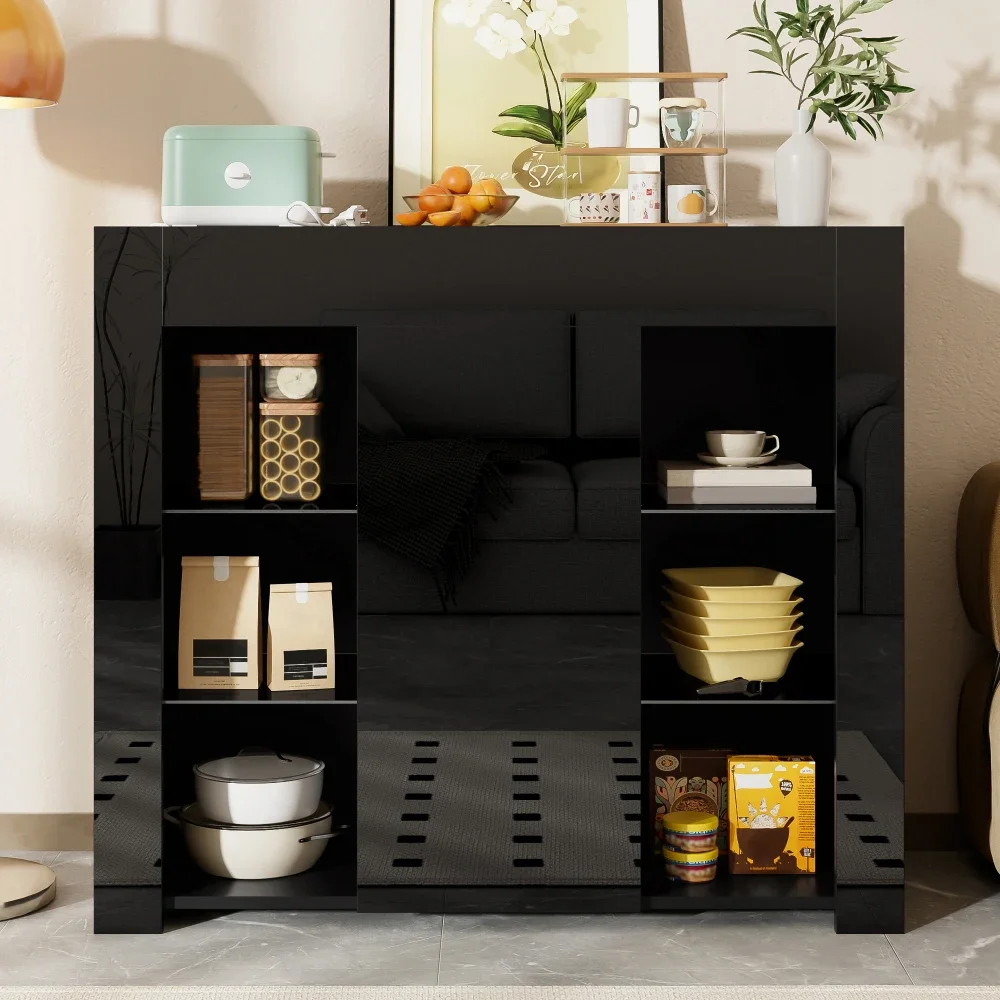 Buffet negro moderno con solución de almacenamiento elegante y compacta frontal de alto brillo con estantes de vidrio y puerta de armario para salón,
