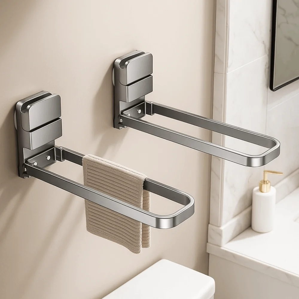 Foldable Towel Rack Carbon Steel Towel Hanger Bathroom Suction Cup Damage-Free Compact Design Folding Towel Rack