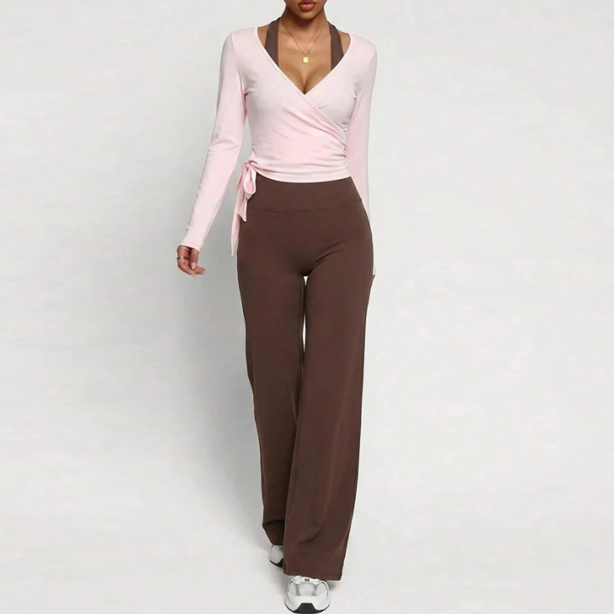 Women 3 PCS Yoga Sets Halter Sports Bra Wrap V Neck Long Sleeve Side Tie Top High Waist Wide Leg Pants Gym Workout Activewear T