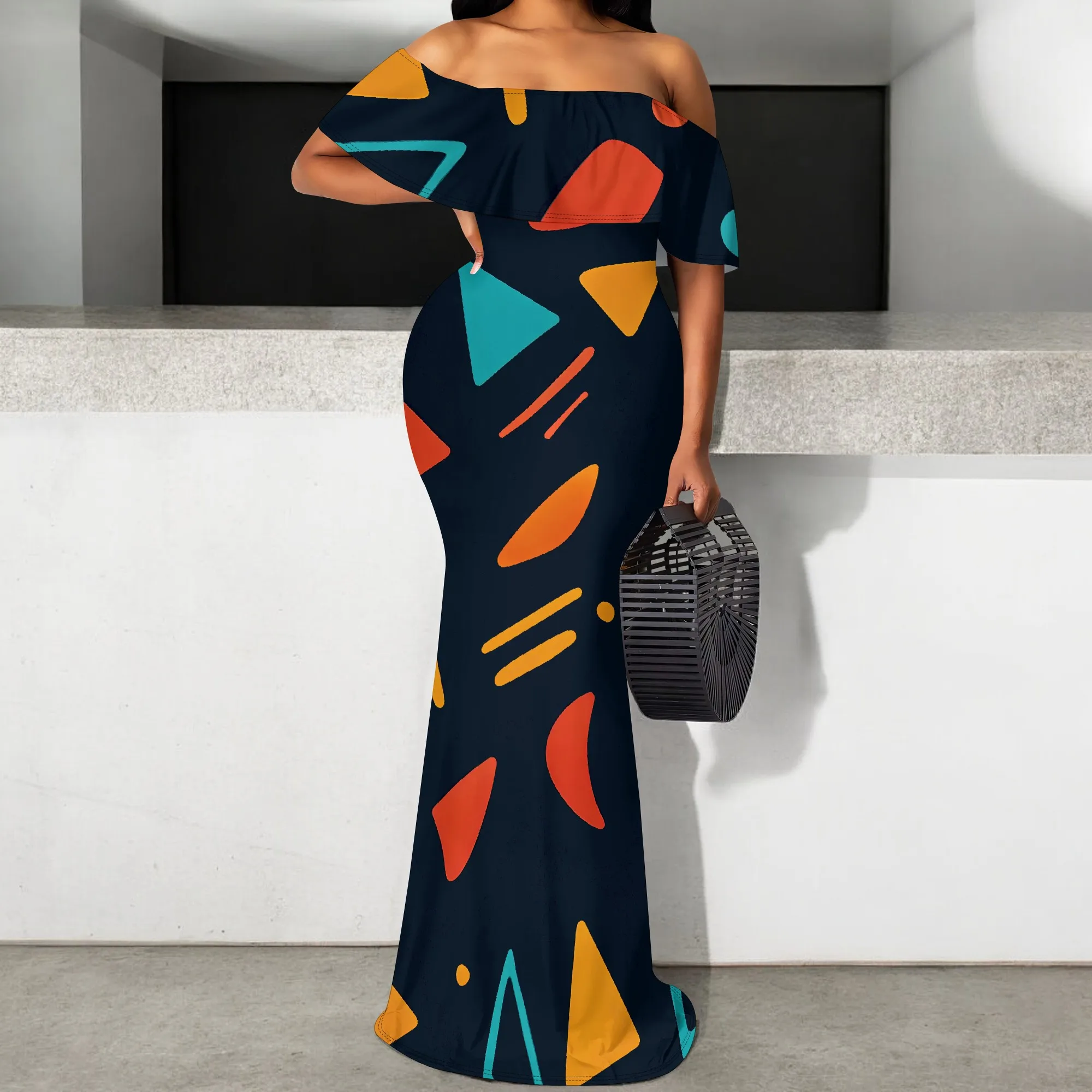 

Women's Off Shoulder Mermaid Maxi Dress Abstract Geometric Print Ruffle Slit Party Gown Elegant Summer Tribal Vacation Dresses
