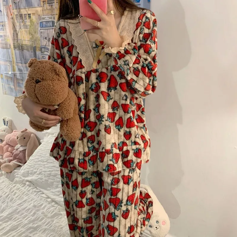 Ropa de dormir para mujer, conjuntos de pijamas de manga larga, pantalones largos, ropa Kawaii con estampado de franela de encaje, ropa de dormir de otoño e invierno, conjuntos de ropa de casa cálidos