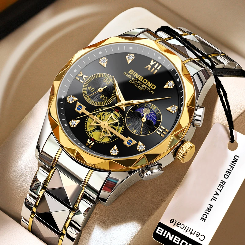 BINBOND Quartz Watches Top Brand Luxury 43mm Dial Stainless steel Strap Chronograph Colorful Unique Design Men's Wristwatches