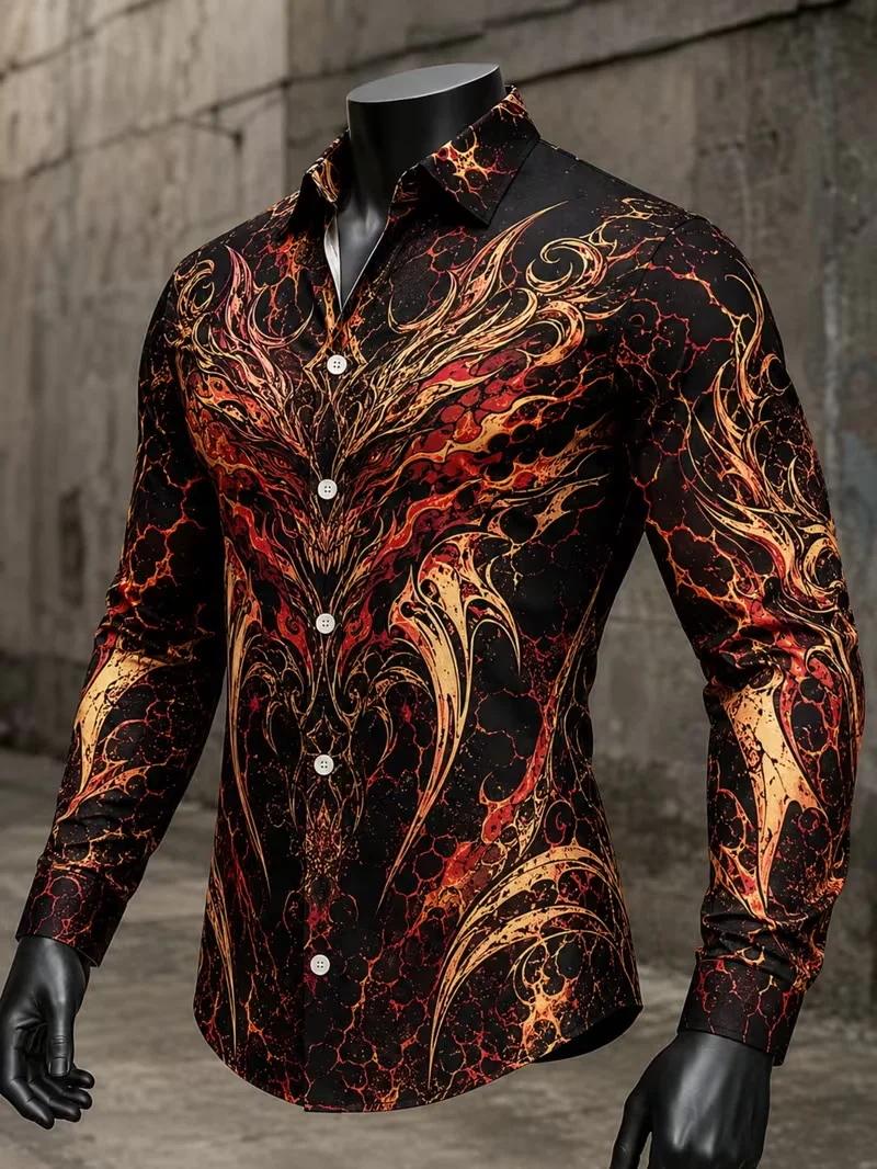 New black and dark green antique copper Baroque curly grass printed shirt, retro men's slim fit long sleeved shirt