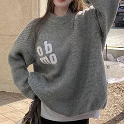 High Street Simple Letter Embroidery Sweaters Loose Oversized Gray Sweatshirt Pullover Winter Tops Korean Fashion Women Harajuku