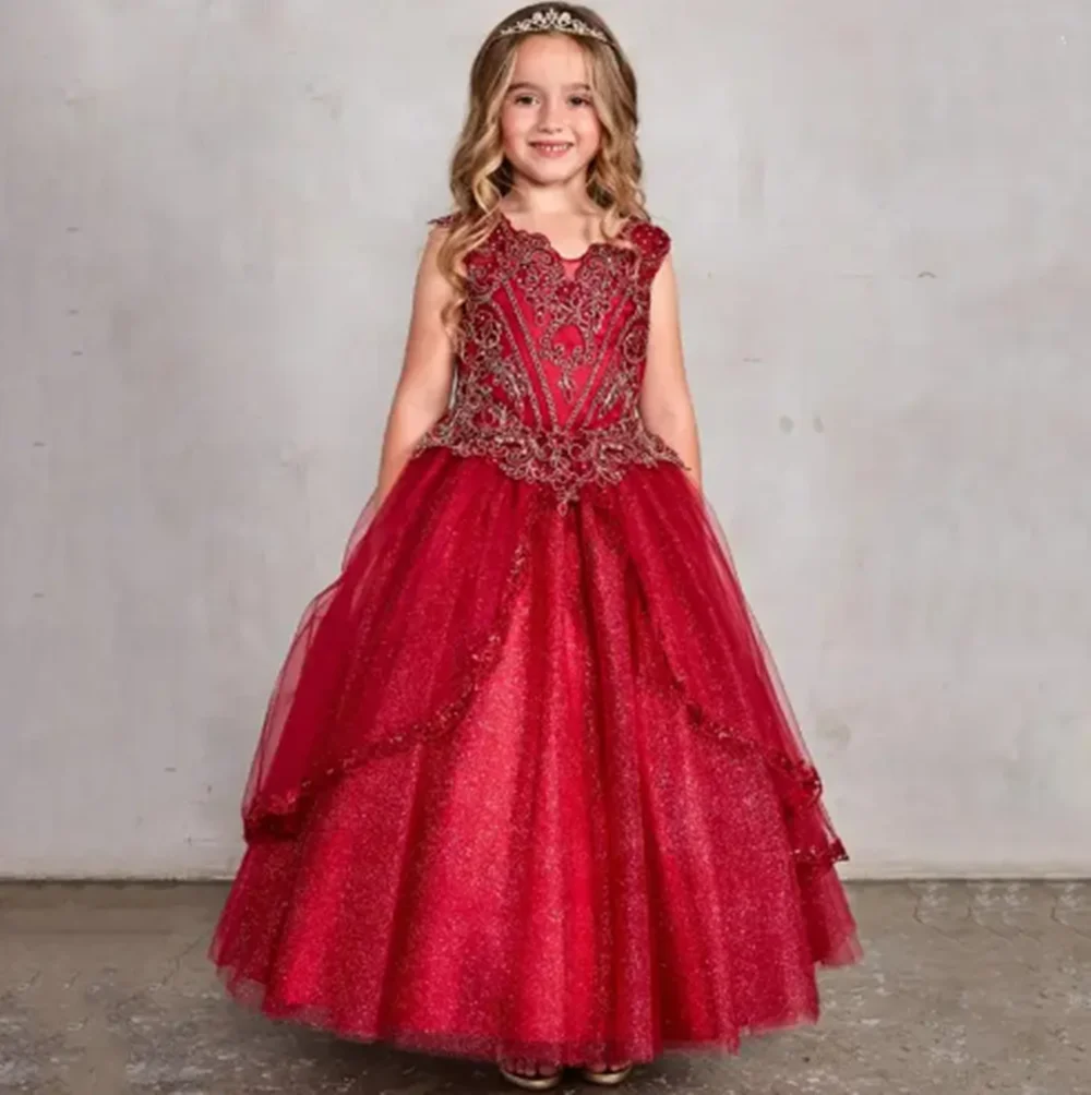 

Customized Light Red Flower Girl Dresses For Wedding Appliques Sleeveless Princess Holy First Communion Banquet Pageant Gown