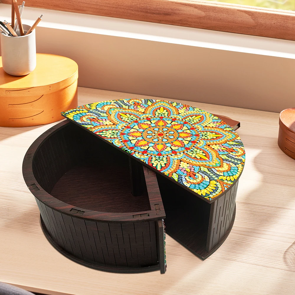 HOMFUN Mandala Diamond Painting Container Wooden Jewelry Case Diamond Art Organizer Box Kit，Creative Semi-circular Storage Box