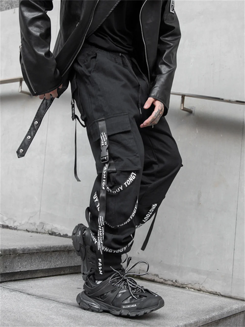 Pantalones Cargo negros Harajuku para hombre, ropa técnica con cintas, Emo japonés, Alt, Jogging callejero, Hippie, gótico