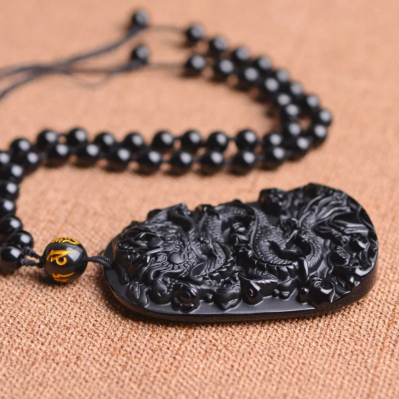 Obsidian Zodiac Simulation Dragon Carved Pendant Necklace Men\\\\\'s Lucky Trend Amulet Jewelry Gift Accessories