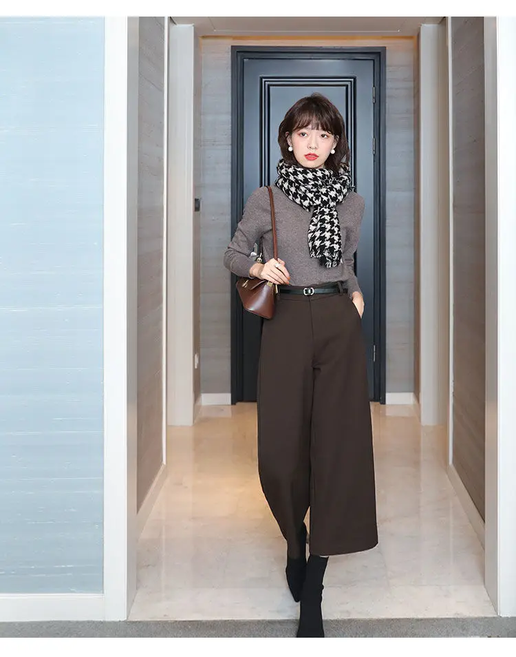 Wool Temperament BootPants Women's Autumn and Winter Wide-LegPants Slimming High WaistStraightCroppedPants CasualPants with Belt