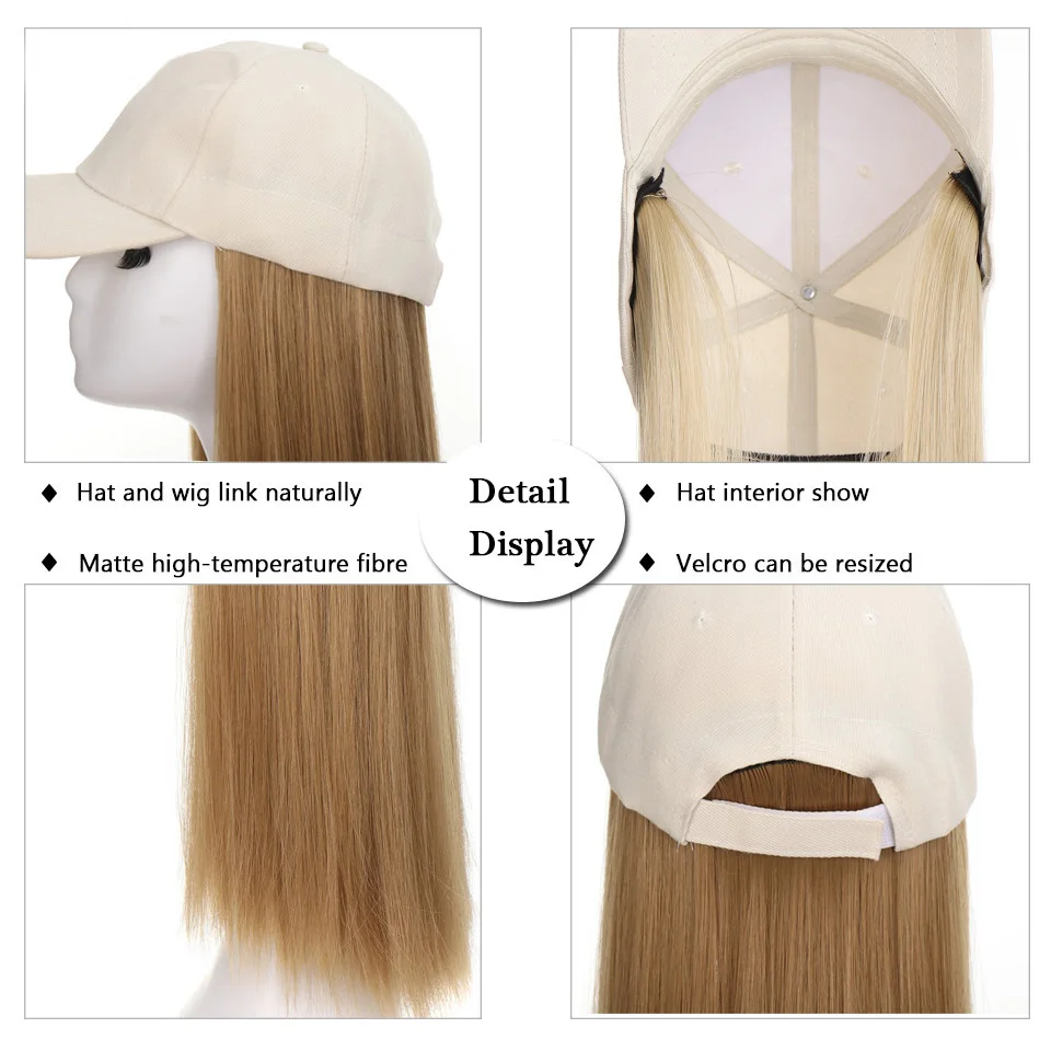 Gorra de béisbol sintética con extensiones de cabello para mujer, sombrero largo y recto, pelucas ajustables, dorado, negro Natural