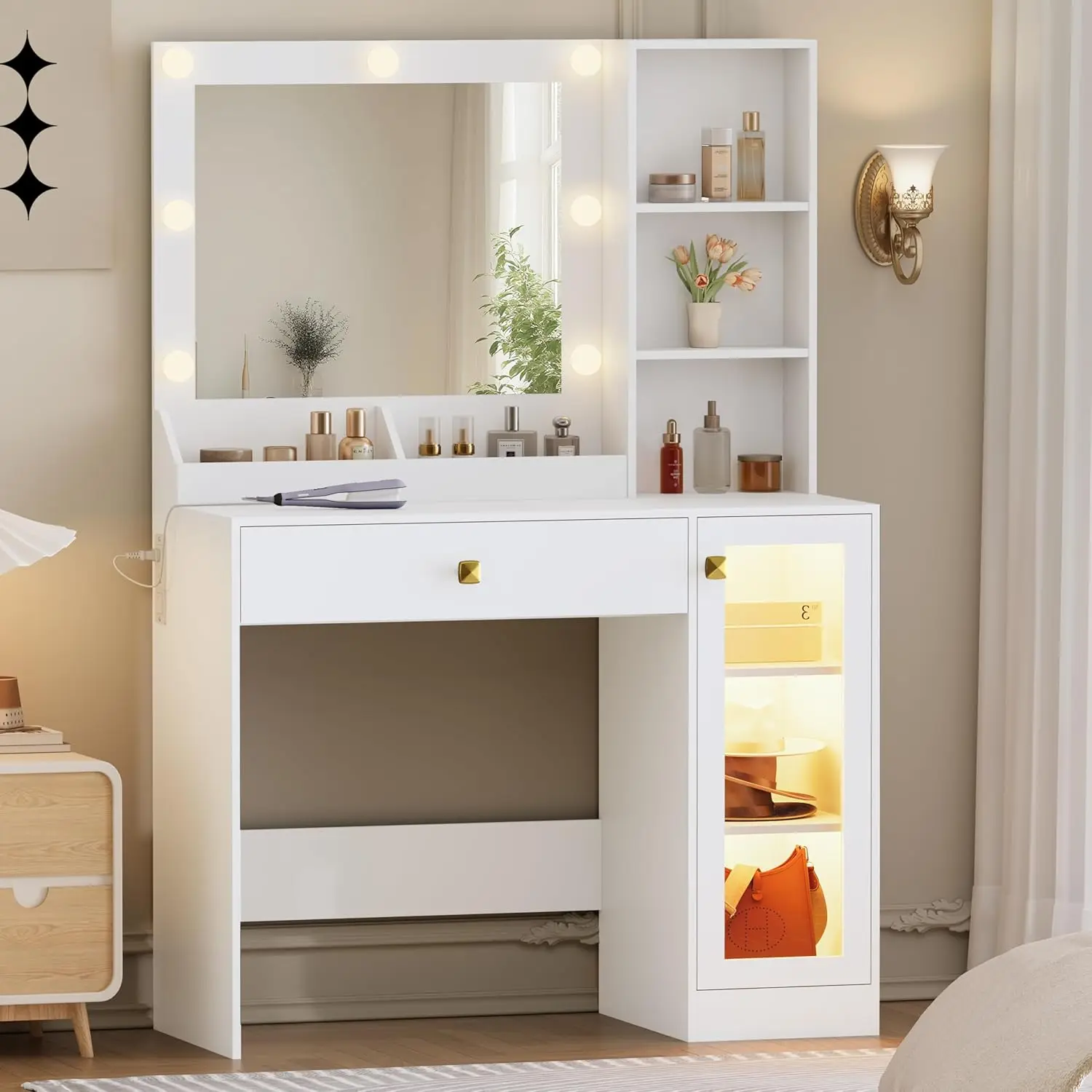 

Туалетный столик с зеркалом и подсветкой, 86 см, с зарядной станцией и стеклянным шкафчиком с RGB-подсветкой, компактный туалетный столик