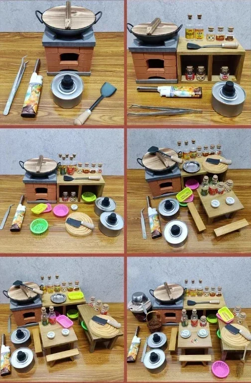 Doll House Miniature Kitchen Accessories Chinese Simulation Cooking Stove Cookware Model Miniature Tableware Seasoning Pot Bjd