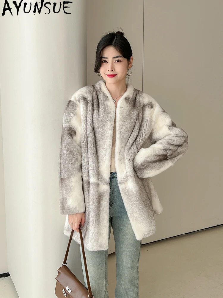 AYUNSUE 천연 벨벳 밍크 모피 코트 여성 럭셔리 중간 길이 겨울 리얼 모피 자켓 여성 의류 전체 밍크 Шуба Женская