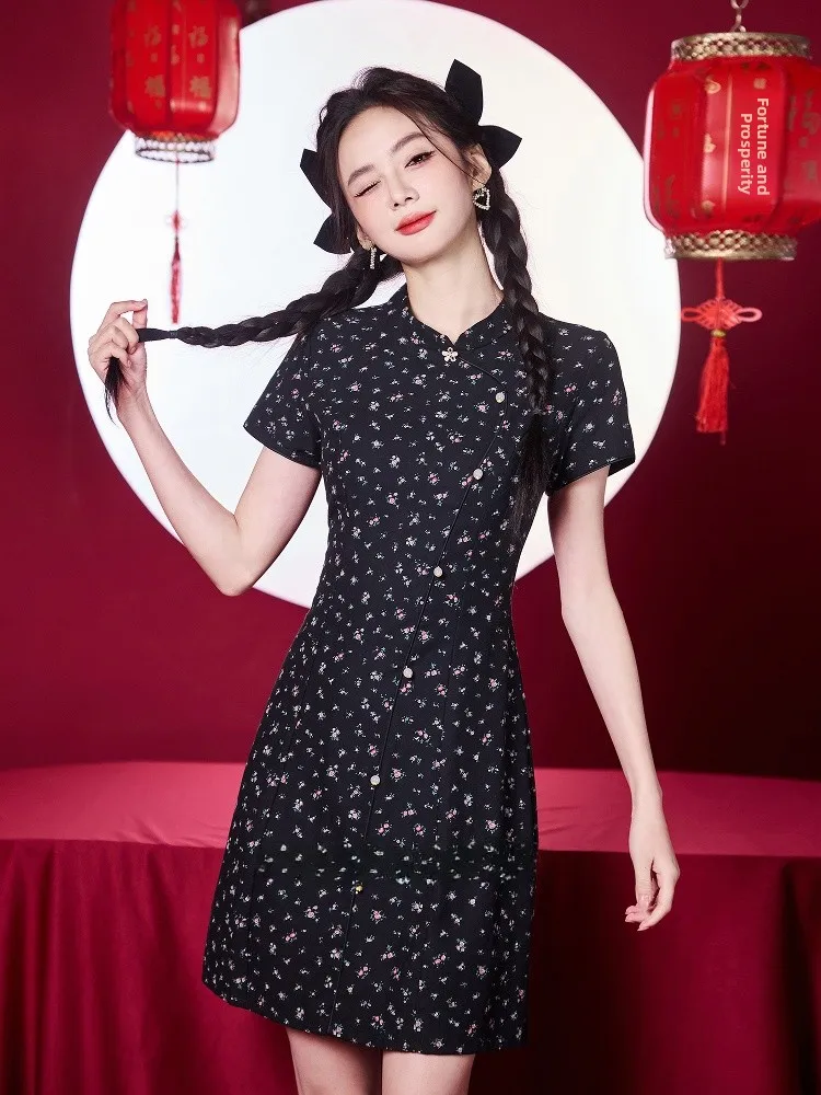 

Элегантное черное традиционное китайское платье в стиле ретро, дышащее, из полиэстера, летнее, новинка, женское, миди