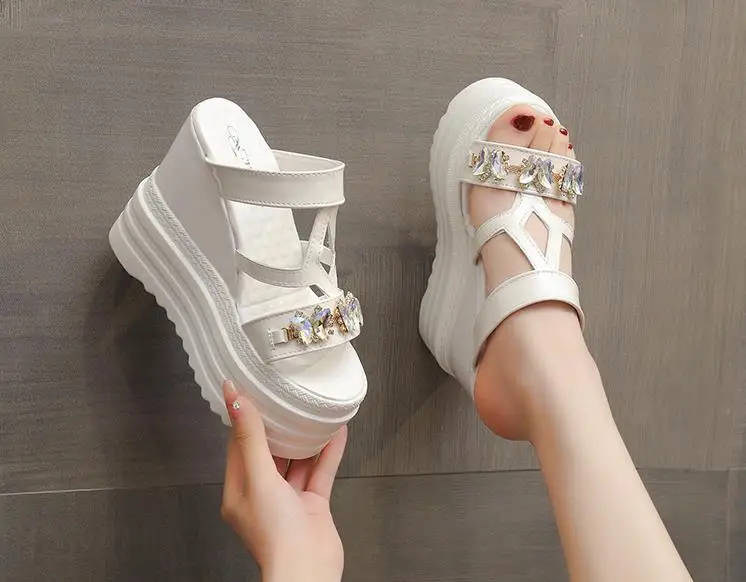 Summer Women\'s Slippers To Wear Out Open-toed Wedge Sandals Fashion Platform Rhinestone Butterfly 12cm High Heels Female Slides