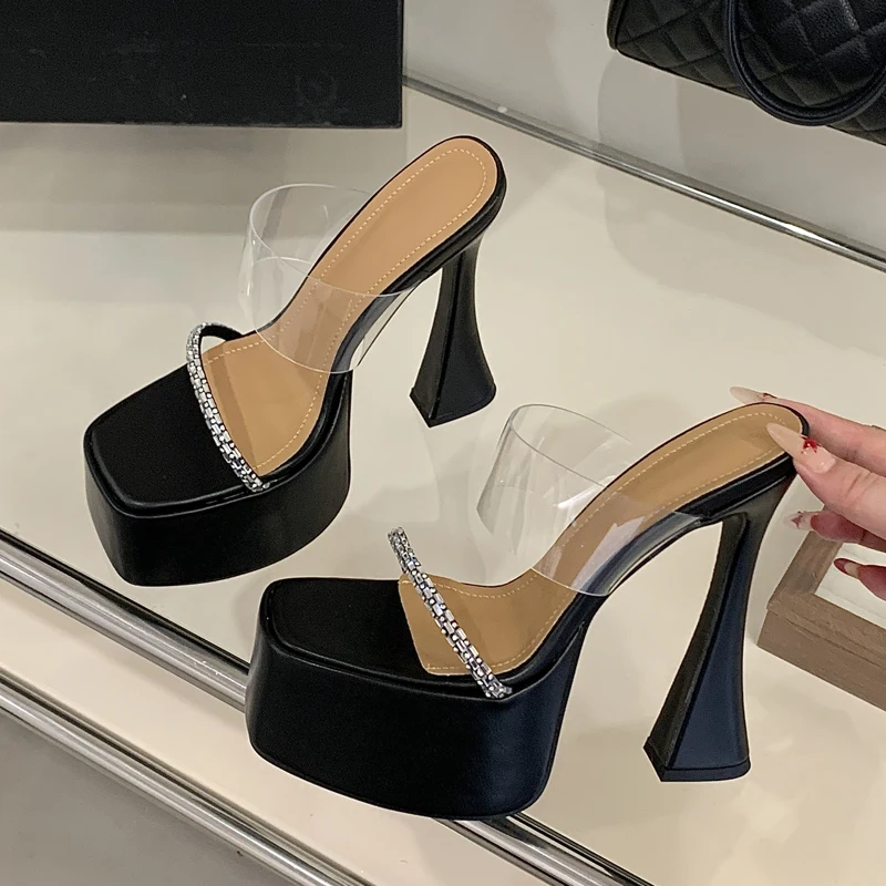 

Eilyken New Summer Crystal Diamond PVC Transparent Women Slippers Fashion Platform Square Toe High Heels Slide Shoes