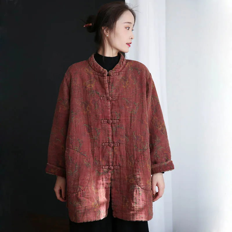 Women's Cotton Coat Medium Long Loose Cotton Printed Autumn/Winter Button Warm Jacket Lightweight Chinese Cotton-Padded Clothes