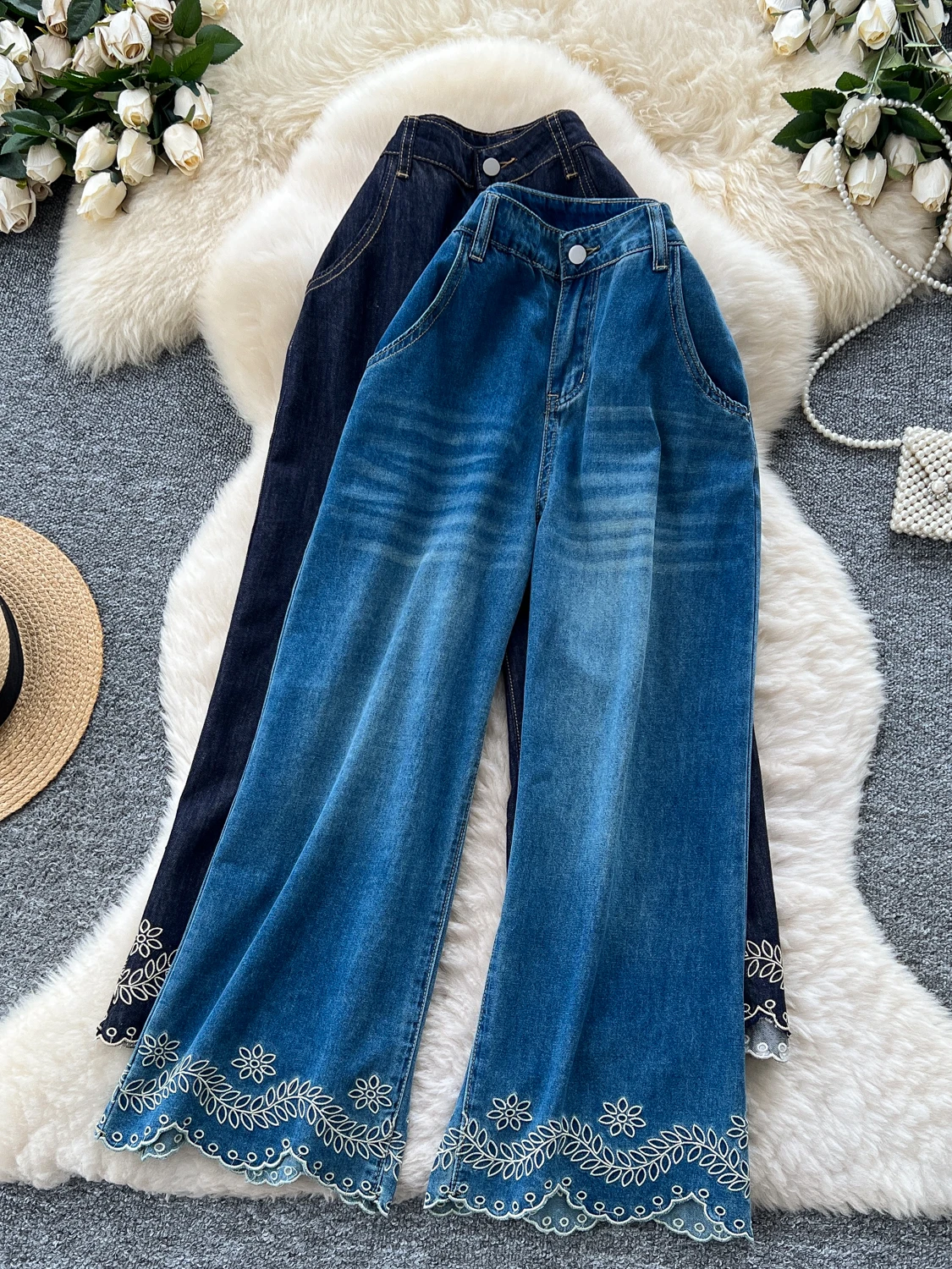 

High Waist Embroidered Hollow out Denim Jeans Women's Design Sensation Small ence Summer Faion Casual Wide Leg Pants