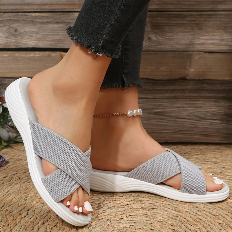 Mesh Cross Strap Wedge Slippers for Women Summer Casual Slip-On Platform Sandals Woman Super Size Lightweight Outdoor Flip Flops