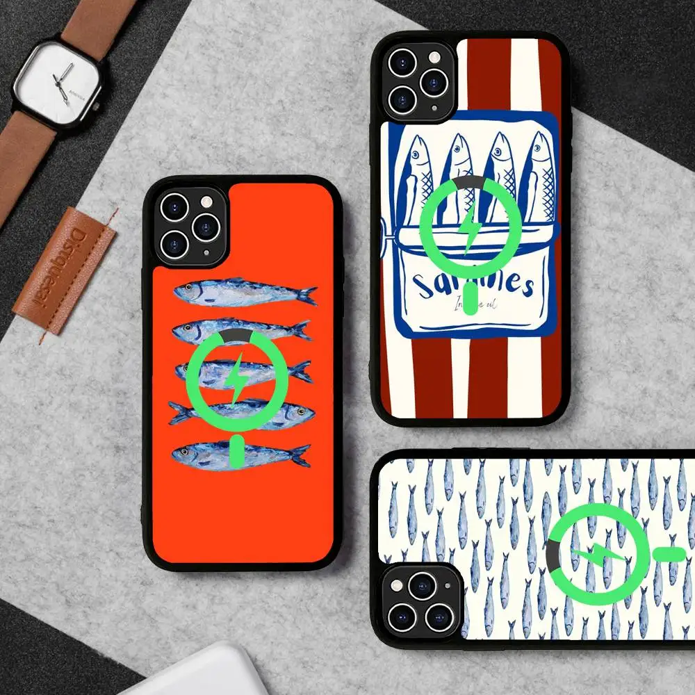Sardines Retro Art Seafood For IPhone 17 Air 16 E 15 14 13 12 11 Pro Max Plus PC Shock TPU Cover For Magsafe Phone Cover