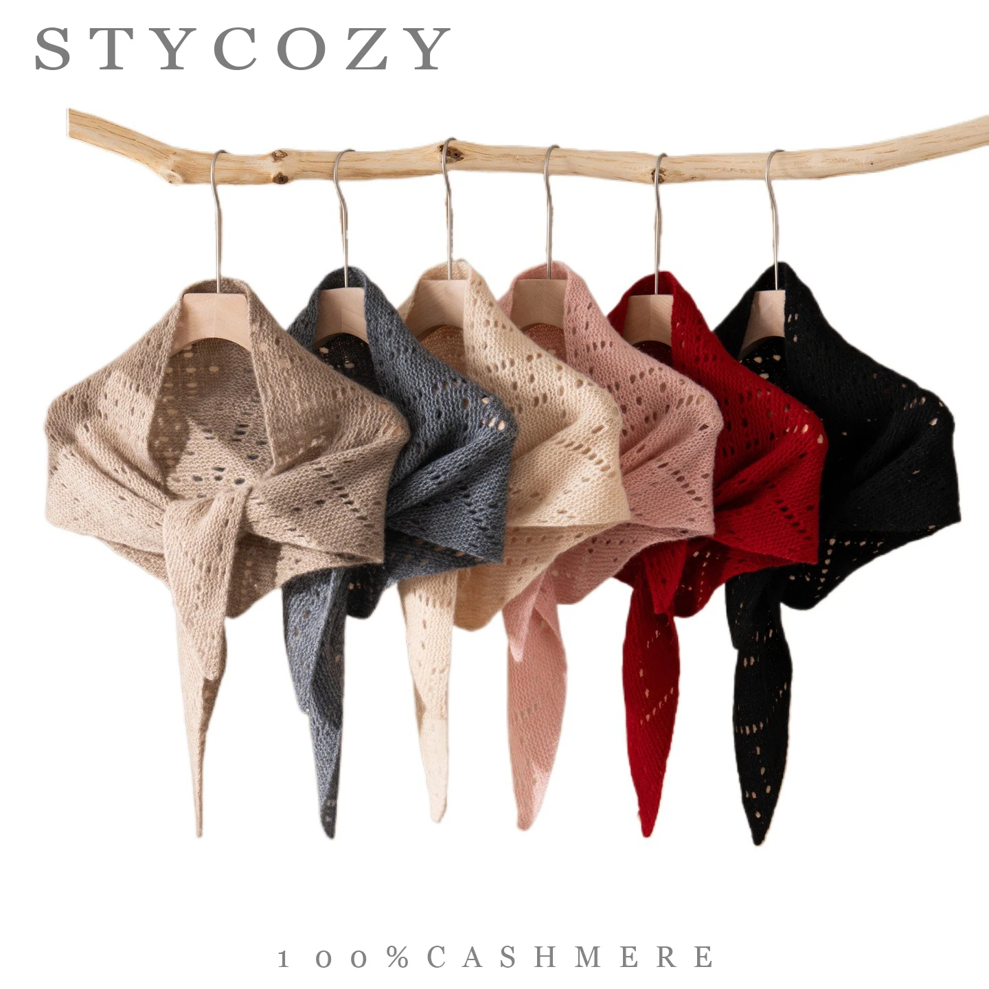 100% Goat Cashmere Hollow Knit Triangle Shawl Women Fall Winter Warm Neck Warmer Outer Wrap Fashion Elegant Scarf For Ladies