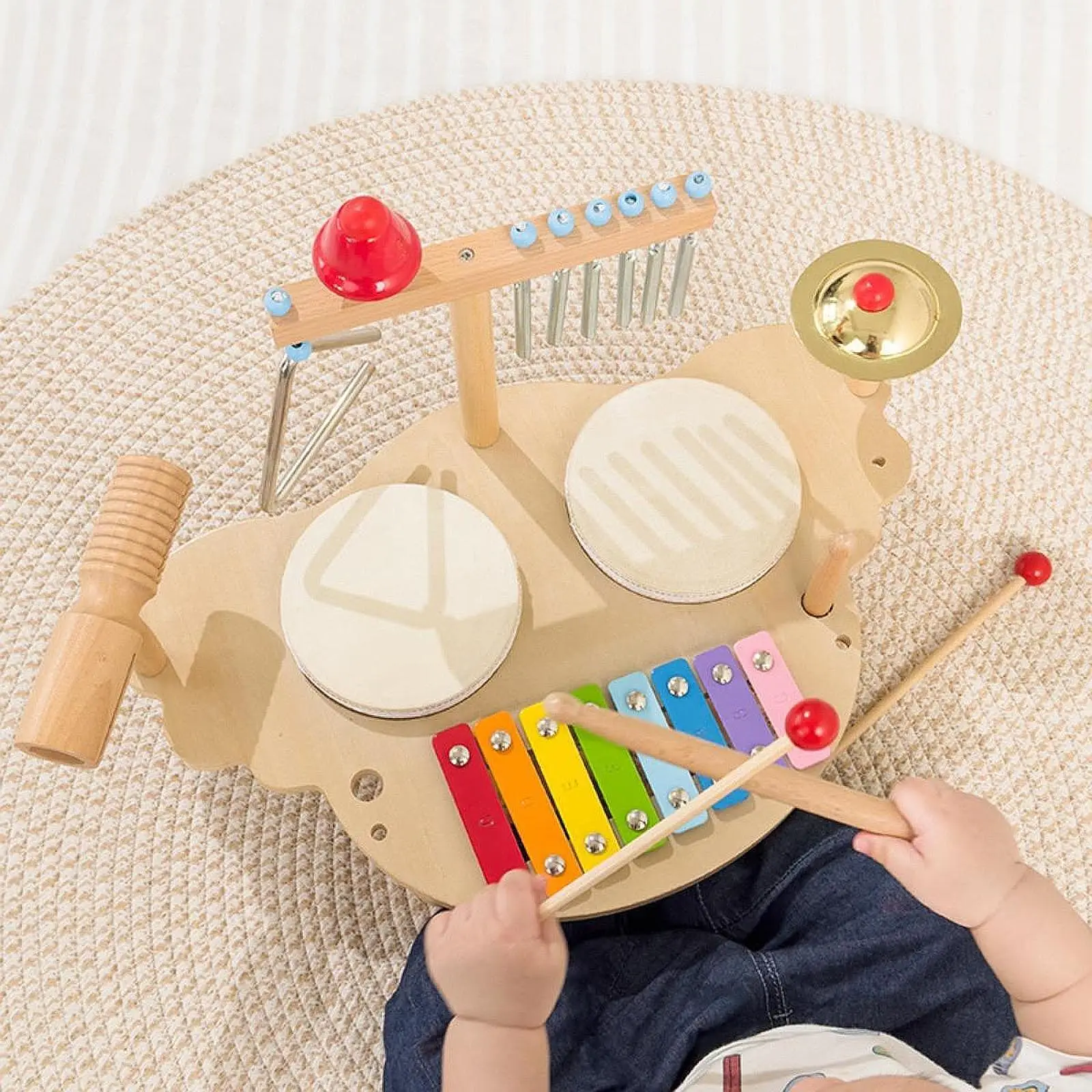 เครื่องดนตรีไม้เด็กกลองชุดเครื่องดนตรี Montessori สําหรับอายุ 3 4 5 6 ปี