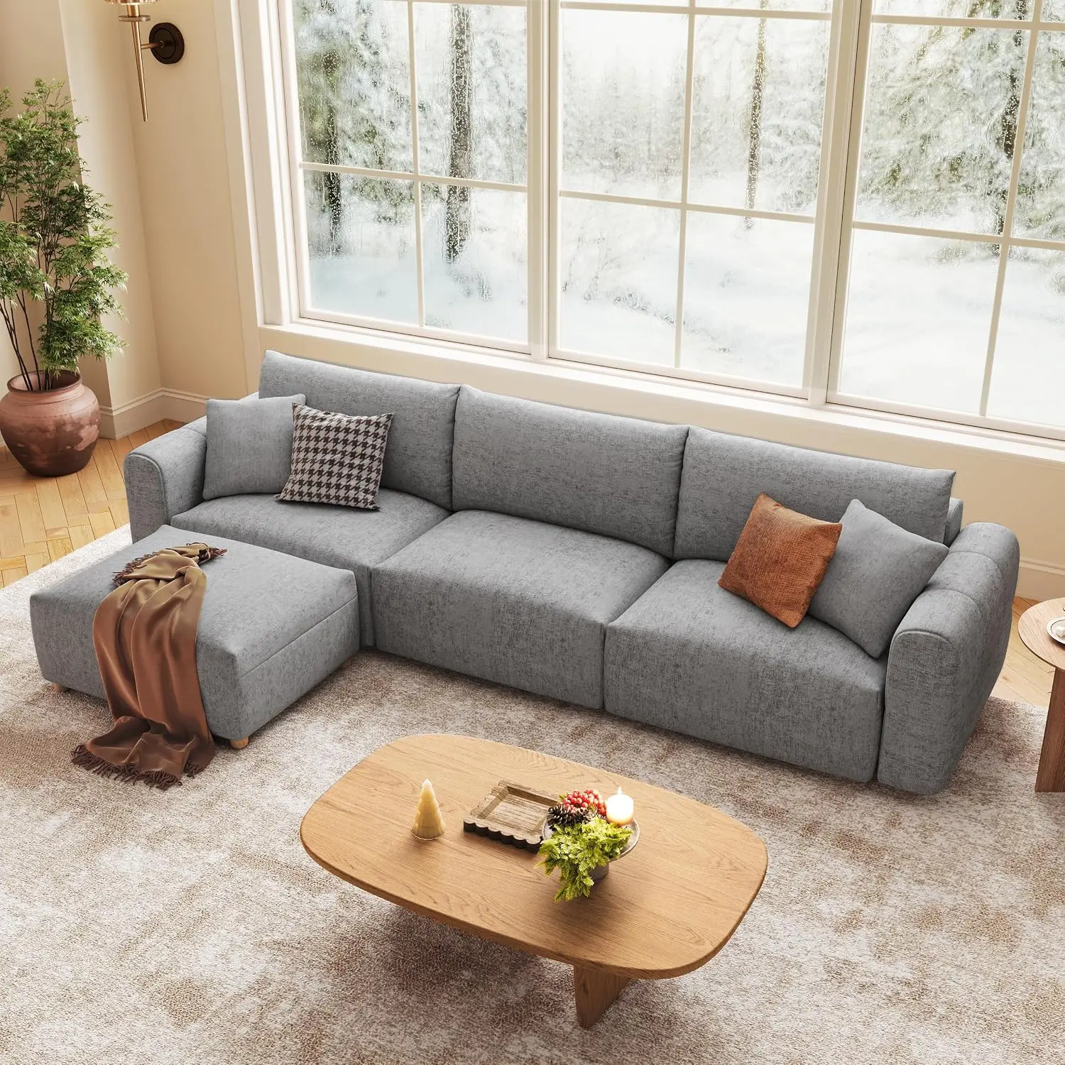 Cloud Modular Sectional Sofa, L-Shape 4-Seater Deep Seat Chenille Upholstery With Ottoman For Living Room, 128