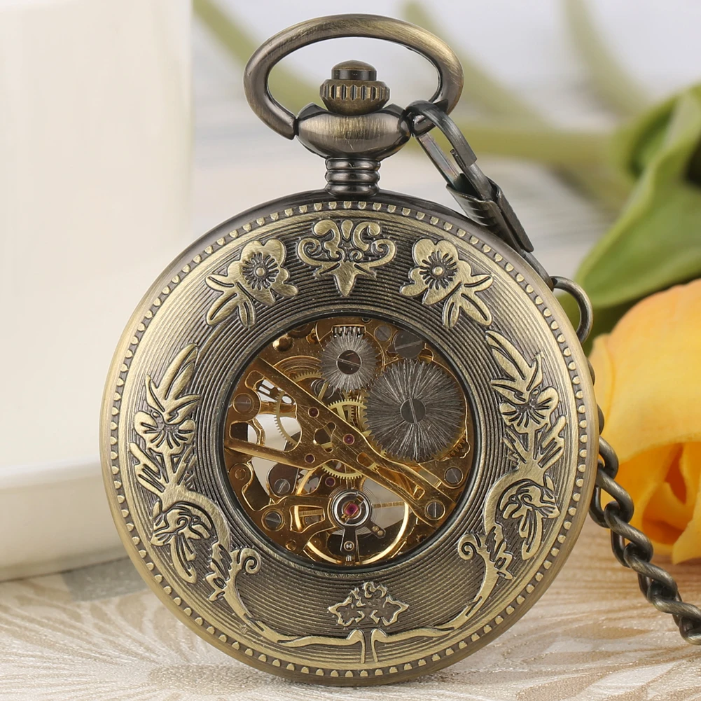 الرجعية البرونزية الأسماك الجوف الميكانيكية اليد لف ساعة جيب الأرقام الرومانية الهاتفي Steampunk خمر قلادة ساعة هدية الرجال