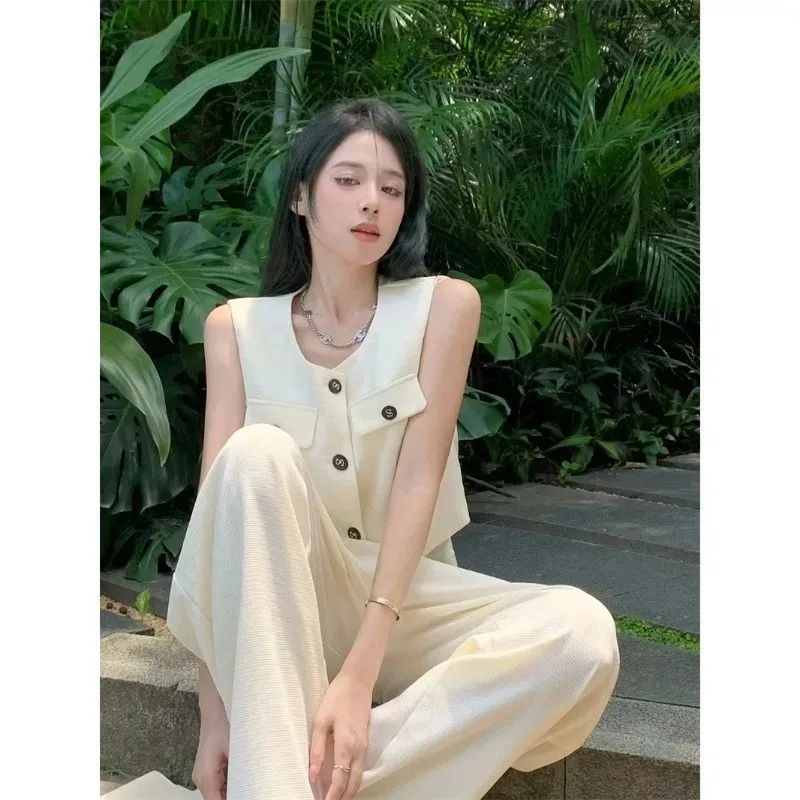 Temperament Casual Vest Wide Leg Pants Two-piece Set Women O-neck Sleeveless Single Breasted Solid Slim Summer Chic Lady Suit