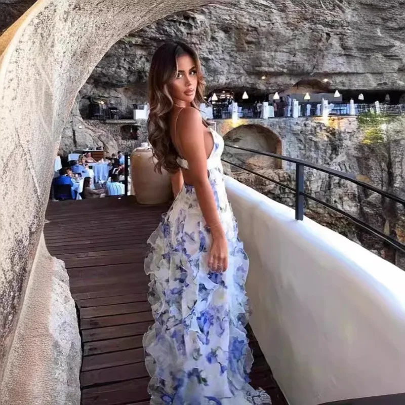 Summer Women Floral Print Party Dress Elegant New Fashion Strap V Neck High Waist Halter Corset Ruffle Evening Long Dress Robe