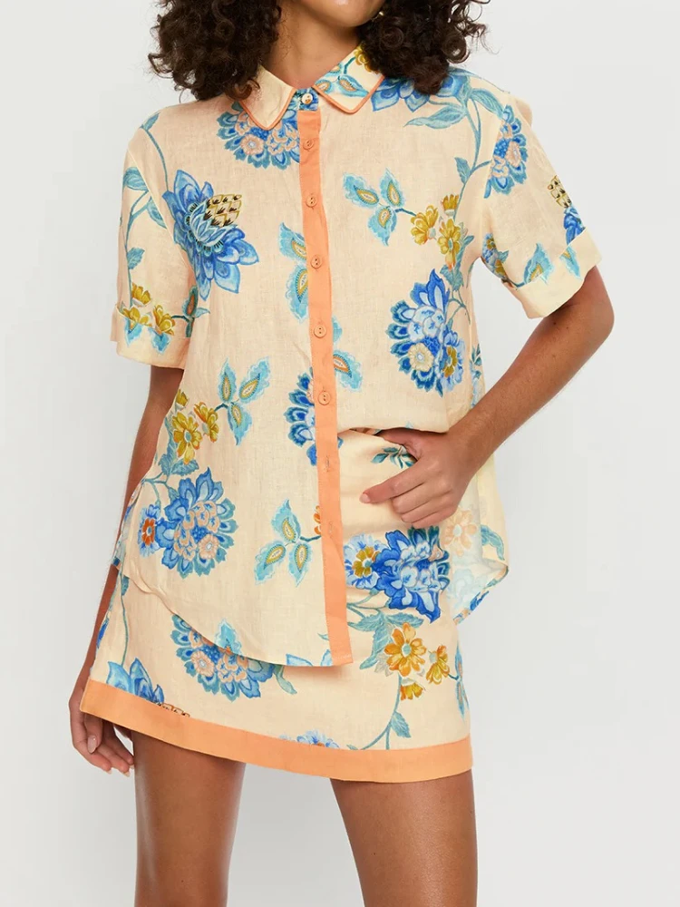 

2025 Модная винтажная рубашка с коротким рукавом и мини-юбкой с высокой талией, комплект уличной одежды, летний свободный женский комплект из 2 предметов с принтом