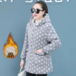 Add Velvet Plaid Coat Female Tops Middle Aged Women's Mid-Length Cotton-Padded Jackets Winter Hooded Warm Cold-Proof Overcoat