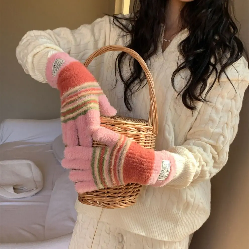 Korean Style Colorful Striped Gloves Harajuku Rainbow Color Full Fingers Mittens Soft Comfortable Touchscreen Mittens Outdoor