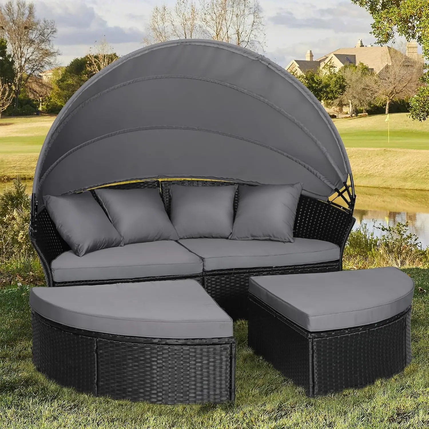 Round Canopy Daybed Sofa Set 4 Seats Cushioned Black Wicker Lawn Pool Garden, Custom